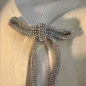 Astr Cream V-Neck Cardigan with Silver Bow Accent- WOT oversized